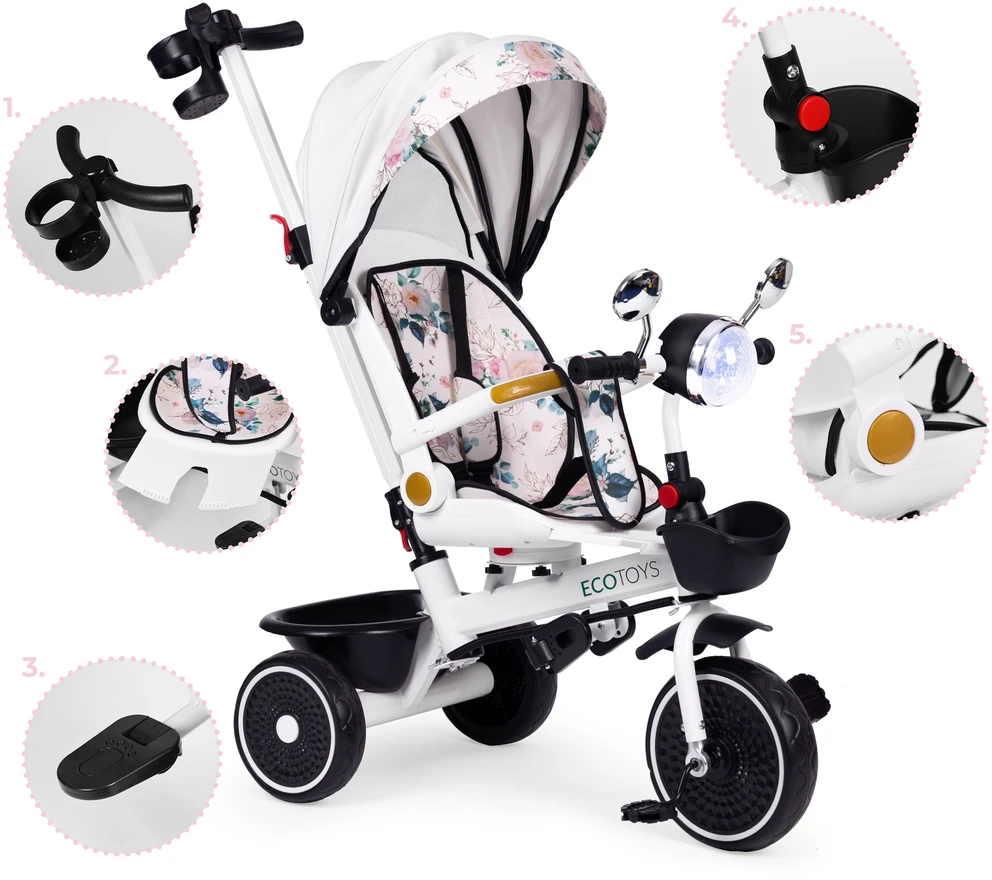 Kūdikių triratukas vežimėlis su pasukama sėdyne, stumiančia stogelį ECOTOYS