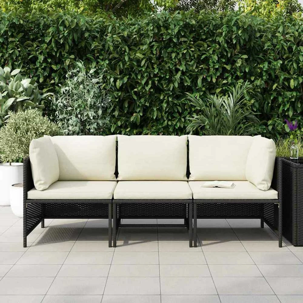 Trivietė sodo sofa su pagalvėlėmis, juodos spalvos, poliratanas