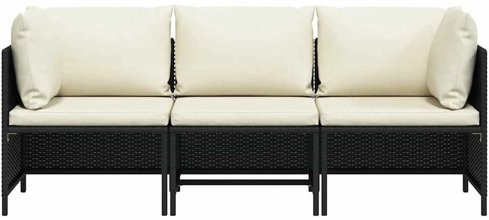 Trivietė sodo sofa su pagalvėlėmis, juodos spalvos, poliratanas