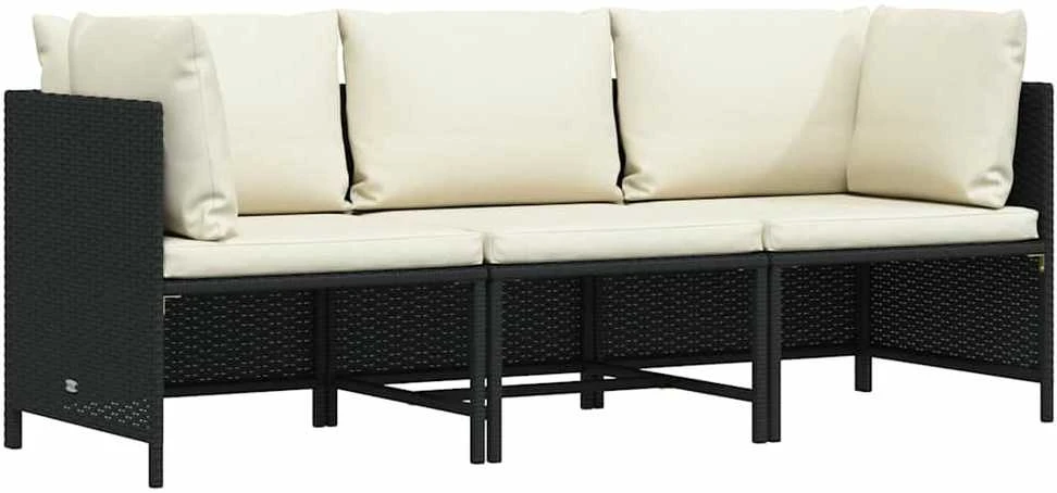 Trivietė sodo sofa su pagalvėlėmis, juodos spalvos, poliratanas