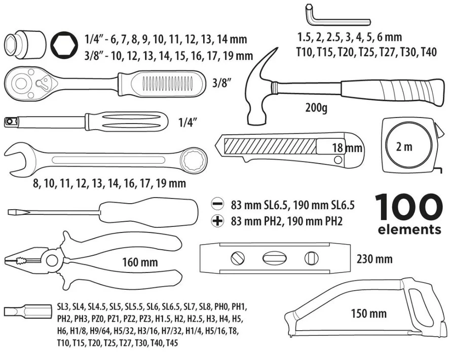 Top Tools Įrankių rinkinys 100 dalių 1/4, 3/8