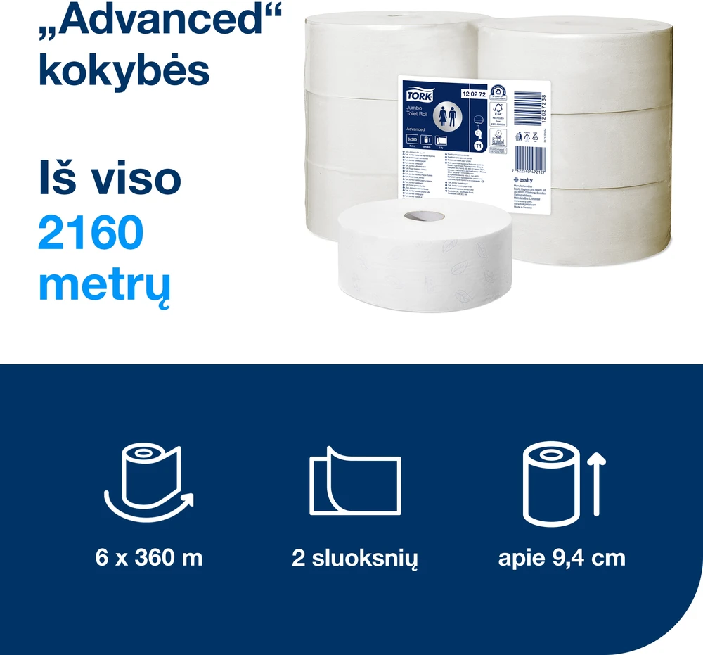 Nezatříděno Tualetinis popierius Tork Advanced Jumbo T1, 120272, 2 sluoksniai, 360m, 1800 lapelių, baltos spalvos, 1vnt