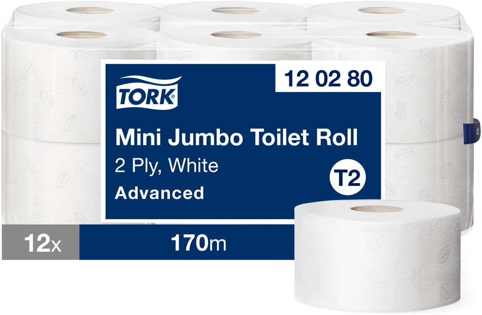 Tualetinis popierius TORK ADVANCED MINI JUMBO T2,120280, 2 sl., 9.4 cm x 170 m, balta sp.