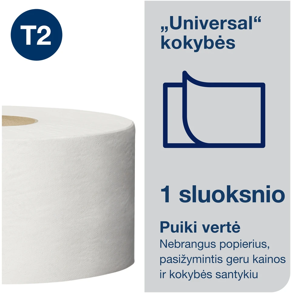 Tualetinis popierius Tork Universal Jumbo Mini T2 (120161), pilkos spalvos, 1 sluoksnis, 240 m, 1200 lapelių