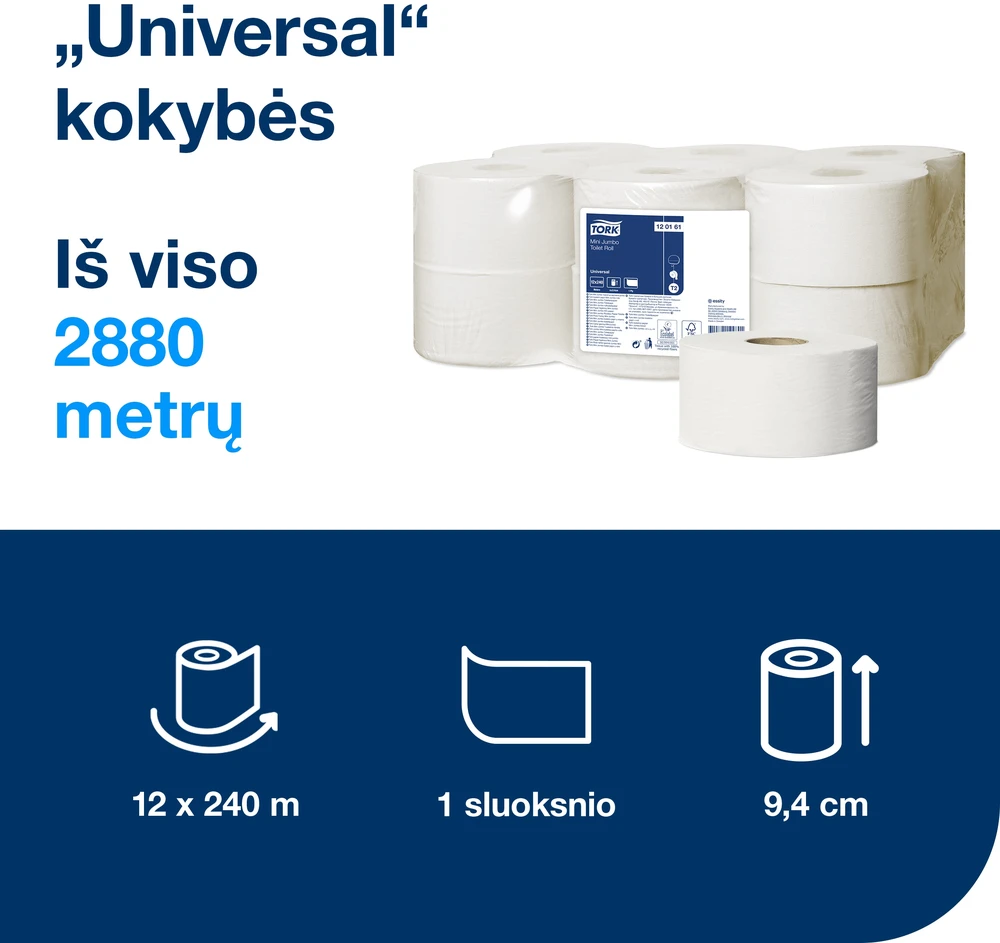 Tualetinis popierius Tork Universal Jumbo Mini T2 (120161), pilkos spalvos, 1 sluoksnis, 240 m, 1200 lapelių