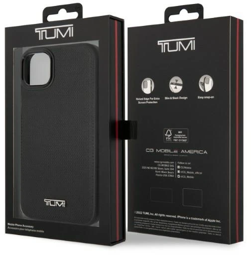 Tumi TUHMP14SRBAK Apple iPhone 14 / 15 / 13 6.1″ juodos spalvos kietas dėklas Leather Balistic Pattern MagSafe