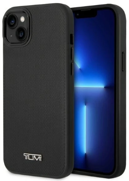 Tumi TUHMP14SRBAK Apple iPhone 14 / 15 / 13 6.1″ juodos spalvos kietas dėklas Leather Balistic Pattern MagSafe