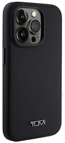 Tumi TUHMP15LRBAK Apple iPhone 15 Pro 6.1″ juodos spalvos kietas dėklas with Leather Ballistic Pattern and MagSafe