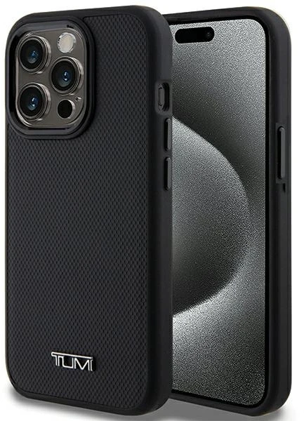 Tumi TUHMP15LRBAK Apple iPhone 15 Pro 6.1″ juodos spalvos kietas dėklas with Leather Ballistic Pattern and MagSafe