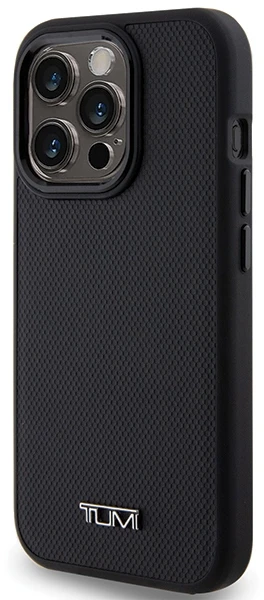 Tumi TUHMP15LRBAK Apple iPhone 15 Pro 6.1″ juodos spalvos kietas dėklas with Leather Ballistic Pattern and MagSafe