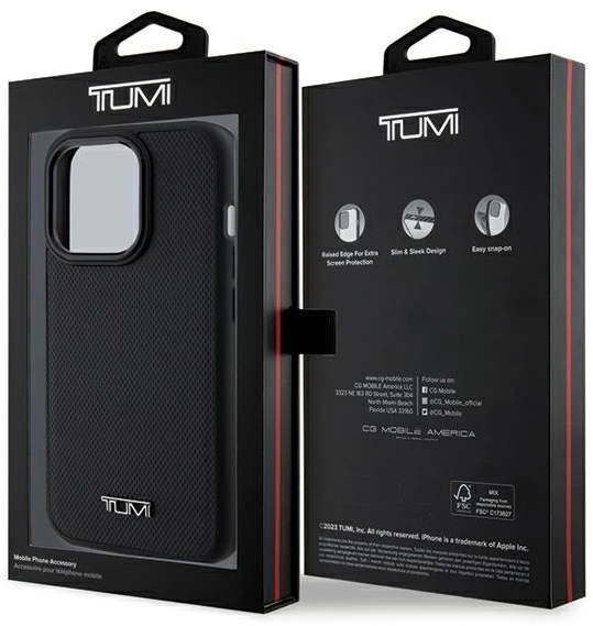 Tumi TUHMP15LRBAK Apple iPhone 15 Pro 6.1″ juodos spalvos kietas dėklas with Leather Ballistic Pattern and MagSafe