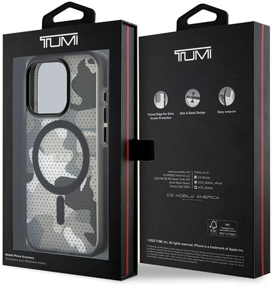 Tumi TUHMP15XTCAMK Apple iPhone 15 Pro Max 6.7″ juodos spalvos kietas dėklas with Frosted Camo Print and MagSafe