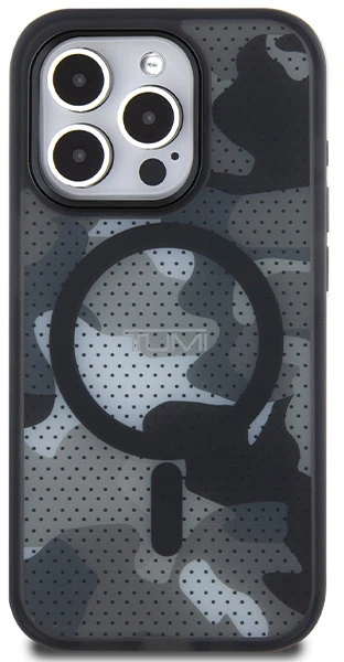 Tumi TUHMP15XTCAMK Apple iPhone 15 Pro Max 6.7″ juodos spalvos kietas dėklas with Frosted Camo Print and MagSafe
