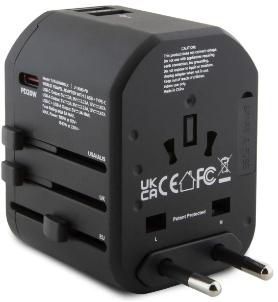 TUMI TUTA20WMSLK travel adapter 20W USB-C / 2xUSB-A juodas