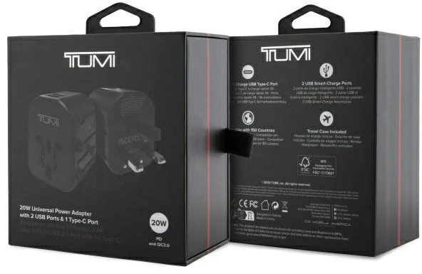 TUMI TUTA20WMSLK travel adapter 20W USB-C / 2xUSB-A juodas