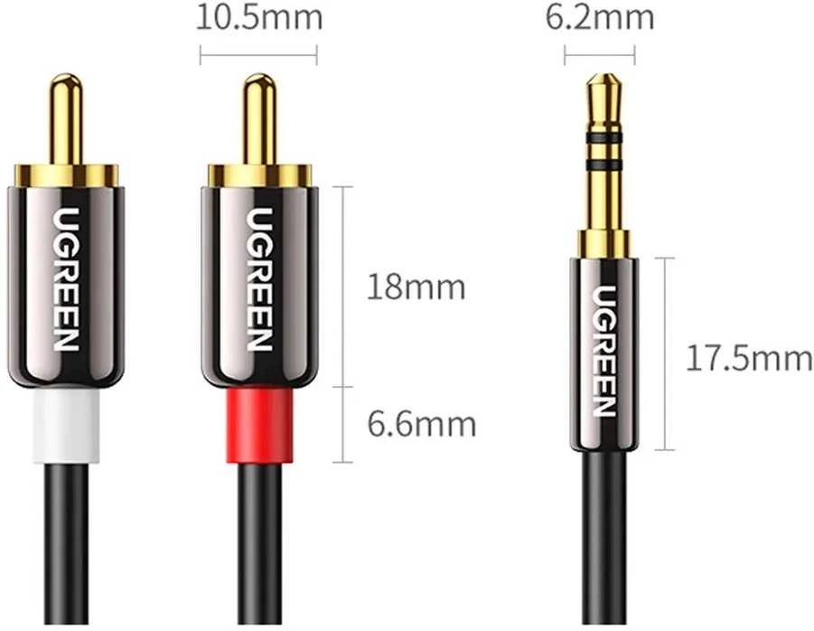 UGREEN AV116 3.5 mm lizdas iki 2RCA (Cinch) kabelis 2 m (juodas)
