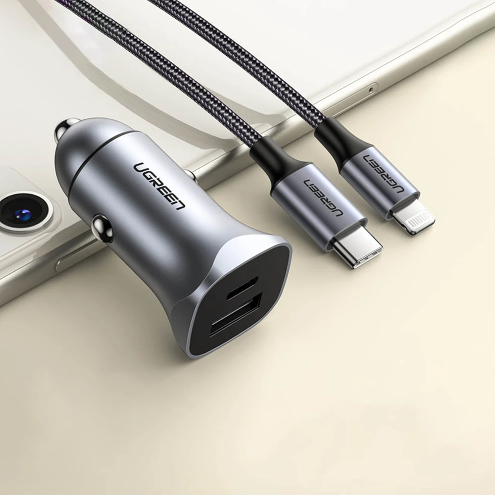 Automobilinis įkroviklis Ugreen CD130 USB-C/USB-A 30W pilkas