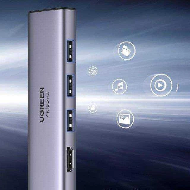 UGREEN CM511 5-in-1 adapteris šakotuvas USB-C – 3x USB3.0 HDMI TF/SD