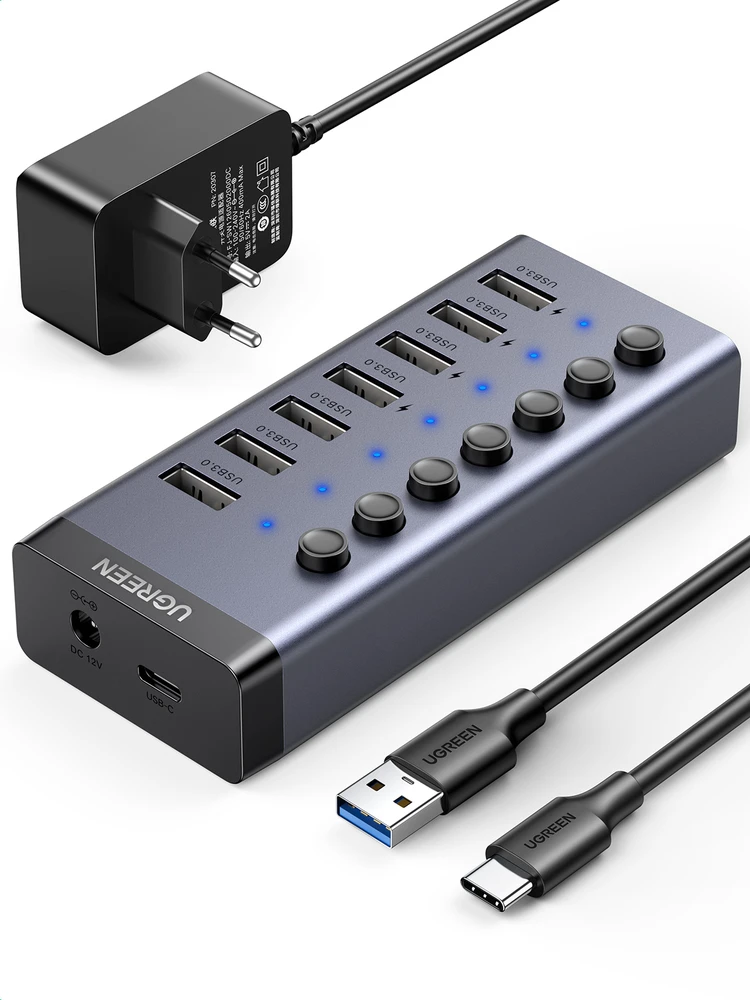 UGREEN Hub 7in1 USB-C, 7x USB-A 3.0 12V 2A (juoda)