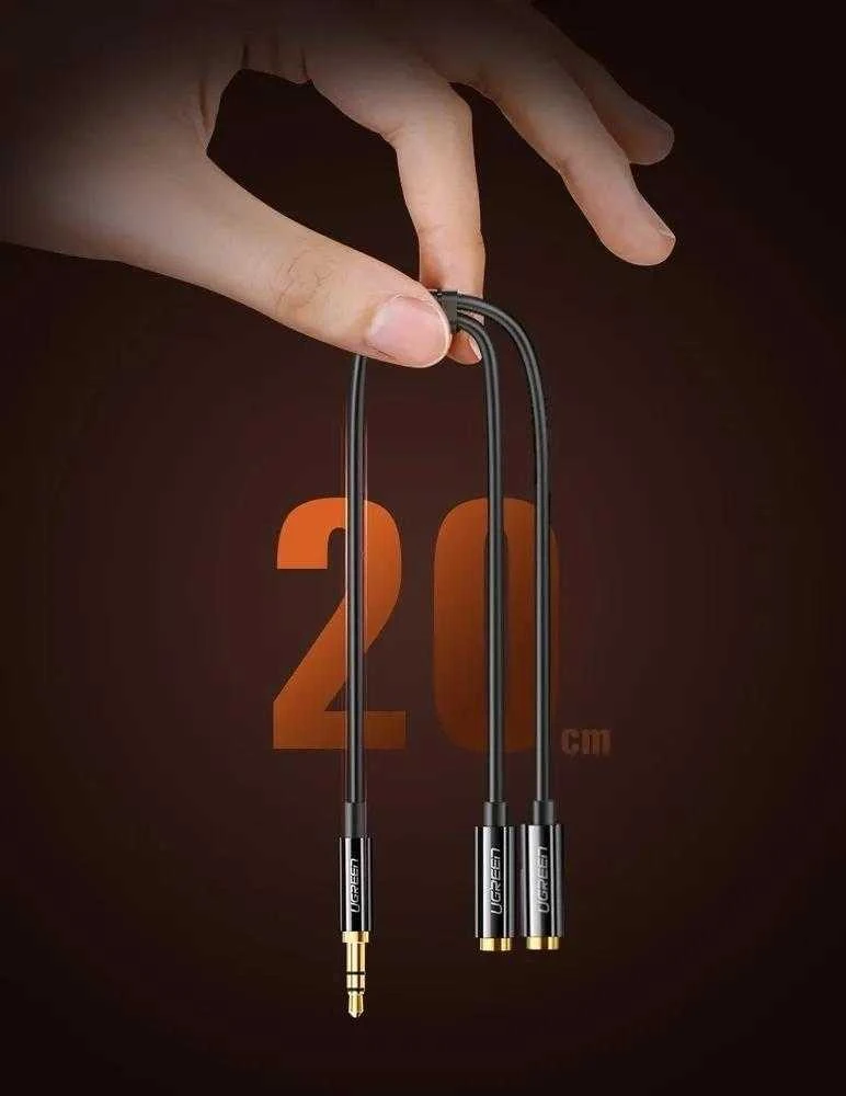UGREEN AV123 AUX 3.5mm kištukas - 2x 3.5mm lizdai kabelis 0.25m juodas
