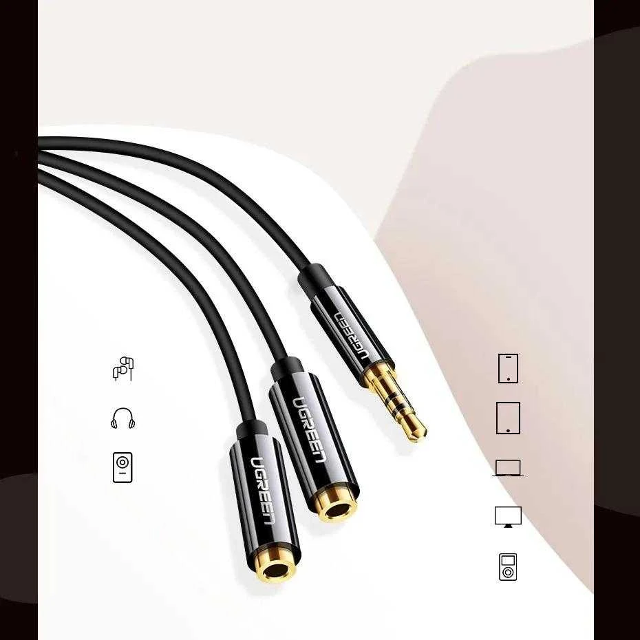 UGREEN AV123 AUX 3.5mm kištukas - 2x 3.5mm lizdai kabelis 0.25m juodas