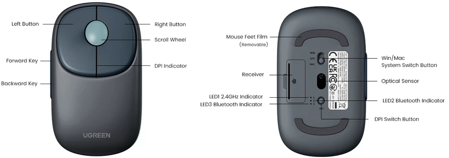 Ugreen MU102 FUN+ Bluetooth / 2.4 GHz Belaidė pelė – juodos spalvos