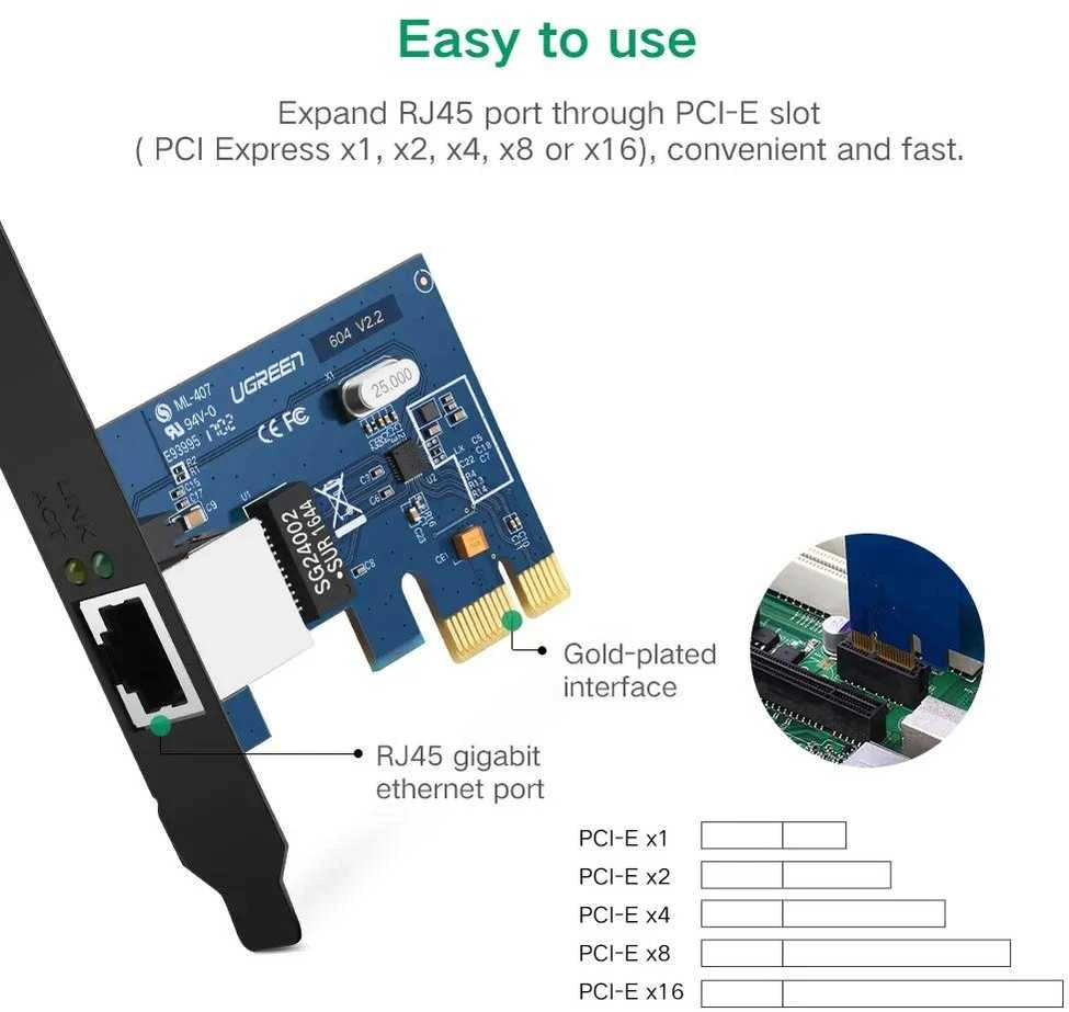 Ugreen US230 Gigabit 10/100/1000Mbps PCI-E Network Card - juodos spalvos
