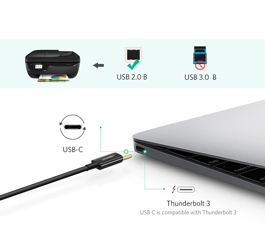Spausdintuvo kabelis USB-C 2.0 į USB-B UGREEN US241, 1m (juodas)