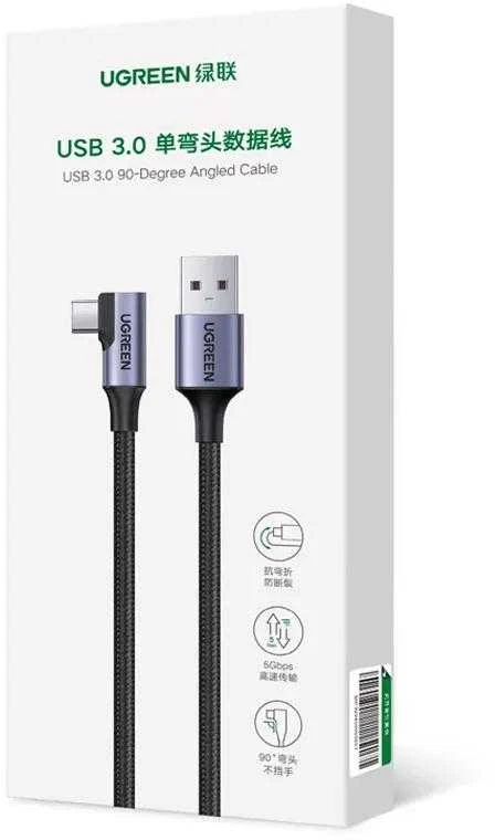 UGREEN US385 USB į USB-C Kampinis kabelis 3A 1m - Juodas
