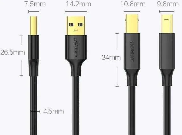 USB 2.0 AB spausdintuvo kabelis UGREEN US135, paauksuotas, 1.5 m (juodas)