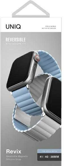 UNIQ Revix apyrankė Apple Watch Series 1-9/SE/SE2/SE3 38/40/41mm Reversible Magnetic baltos spalvos-mėlynas