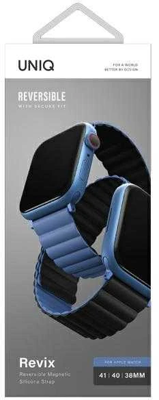 UNIQ Revix apyrankė Apple Watch Series 1-9/SE/SE2/SE3 38/40/41mm Reversible Magnetic juodos spalvos-mėlynas