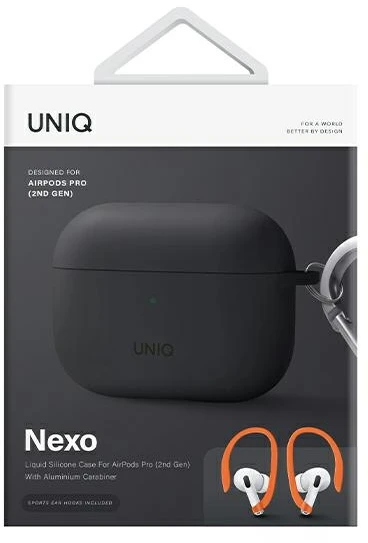 Uniq nexo AirPods Pro 2 GEN dėklas + ausų kabliukai, silikoninis šariato/medžio anglių pilka