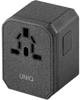 UNIQ Voyage World įkroviklio adapteris 33W + 2xUSB + PD 18W + QC 3.0 anglies pilkas (LITHOS kolekcija)