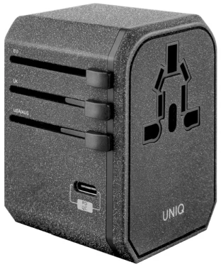 UNIQ Voyage World įkroviklio adapteris 33W + 2xUSB + PD 18W + QC 3.0 anglies pilkas (LITHOS kolekcija)