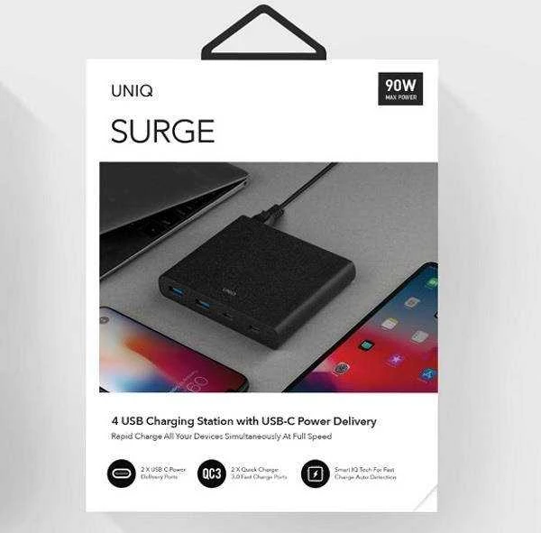 UNIQ laidinis įkroviklis HUB Surge 90W juodos spalvos 2xUSB Quick Charge 3.0 + 2xUSB-C PD 3.0 (LITHOS Collective)
