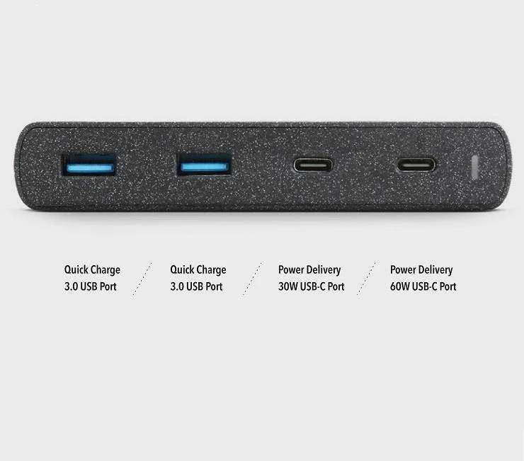 UNIQ laidinis įkroviklis HUB Surge 90W juodos spalvos 2xUSB Quick Charge 3.0 + 2xUSB-C PD 3.0 (LITHOS Collective)