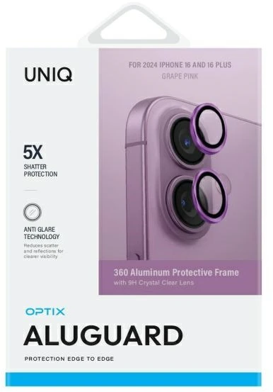 UNIQ Optix Aliuminio Camera Lens Protector Apple iPhone 16 6.1″ /16 Plus 6.7″ grape rožinės spalvos szkło na objektyvas
