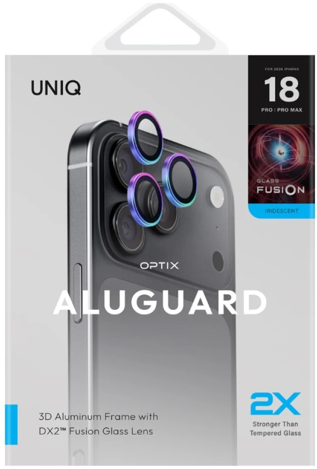 UNIQ Optix AluGuard (DX2) fotoaparato objektyvo apsauga, skirta iPhone 18 Pro / iPhone 18 Pro Max, vaivorykštinė