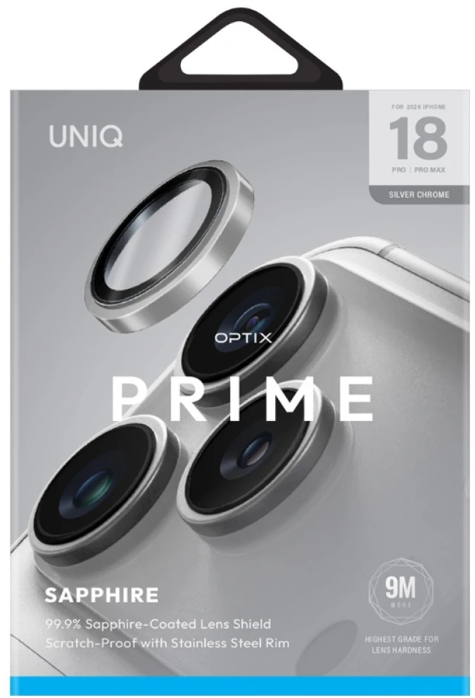 UNIQ Optix Prime fotoaparato objektyvo apsauga, skirta iPhone 18 Pro / iPhone 18 Pro Max, sidabrinė, su aplikatoriumi