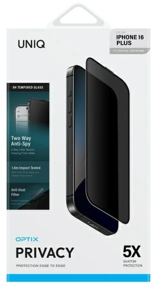 UNIQ Optix Privacy Apple iPhone 16 Plus / 15 Plus / 14 Pro Max 6.7″ Privacy Apsauginis stiklas su aplikatoriumi