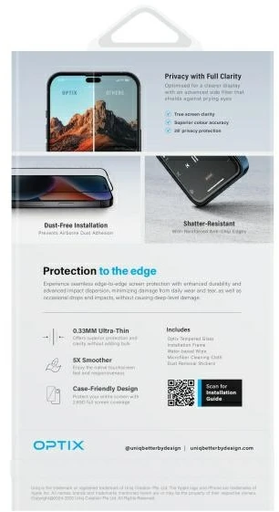 UNIQ Optix Privacy Apple iPhone 16 Plus / 15 Plus / 14 Pro Max 6.7″ Privacy Apsauginis stiklas su aplikatoriumi