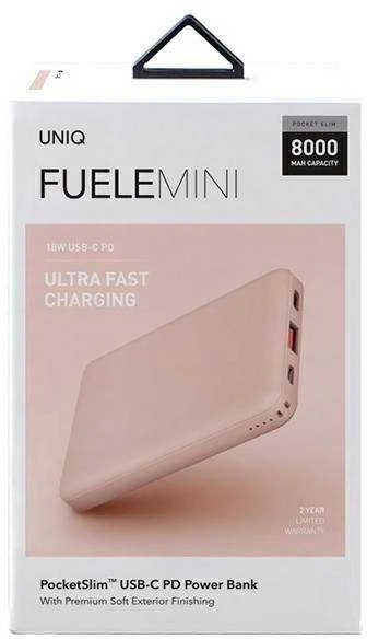 UNIQ Powerbank Fuele mini 8000mAh USB-C 18W PD Fast charge rožinės spalvos