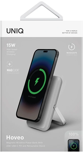UNIQ Powerbank Hoveo 5000mAh USB-C 20W PD Fast charge Wireless Magnetic pilkos spalvos/chalk pilkos spalvos