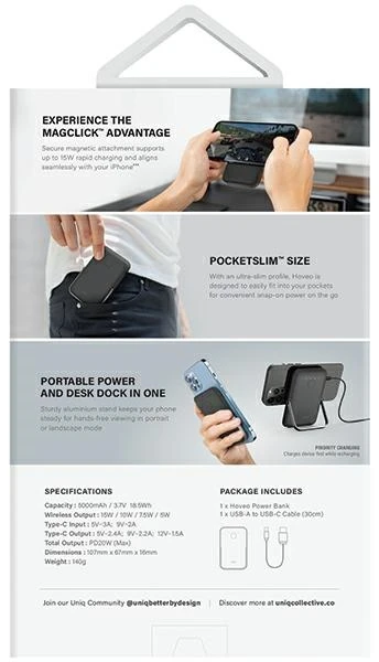UNIQ Powerbank Hoveo 5000mAh USB-C 20W PD Fast charge Wireless Magnetic mėlynos spalvos