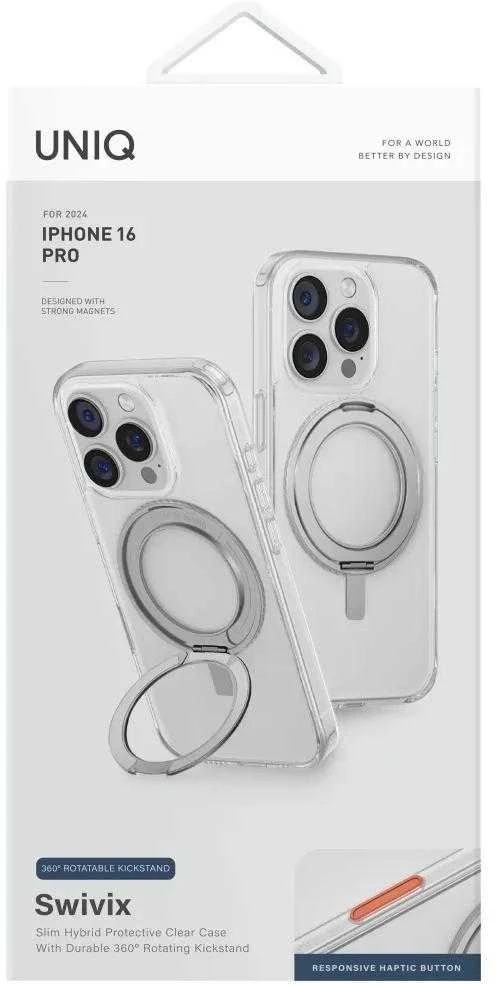 „Uniq Swivix 360“ besisukantis dėklas su atrama, skirtas „iPhone 16 Pro“ – skaidrus