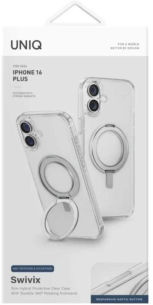„Uniq Swivix 360“ besisukantis dėklas su atrama, skirtas „iPhone 16 Plus“ – skaidrus