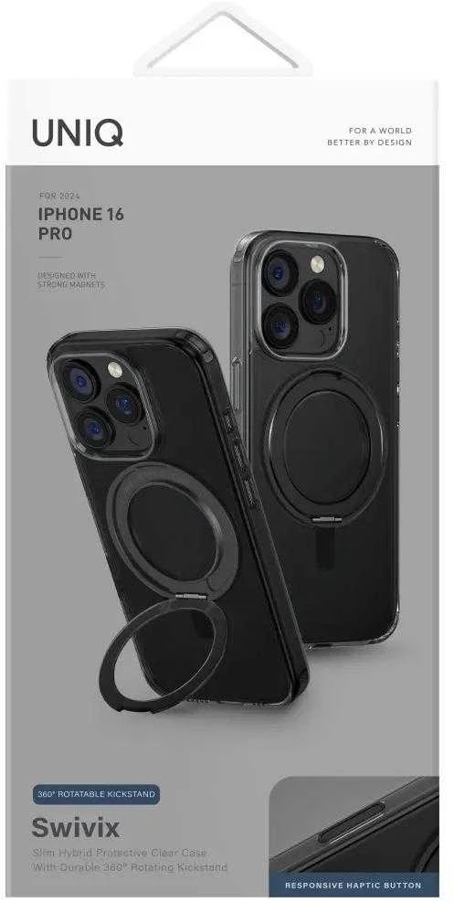 Uniq Swivix 360 besisukantis stovo dėklas, skirtas iPhone 16 Pro – Juodas