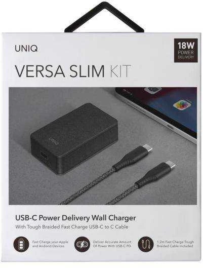 UNIQ Versa Slim įkroviklis USB-C PD 18W + USB-C-USB-C laidas, anglies juodos spalvos (LITHOS Collect)