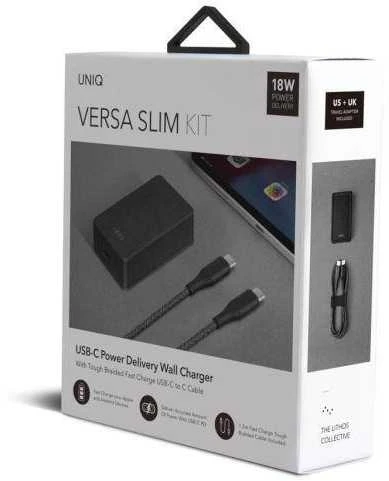 UNIQ Versa Slim įkroviklis USB-C PD 18W + USB-C-USB-C laidas, anglies juodos spalvos (LITHOS Collect)